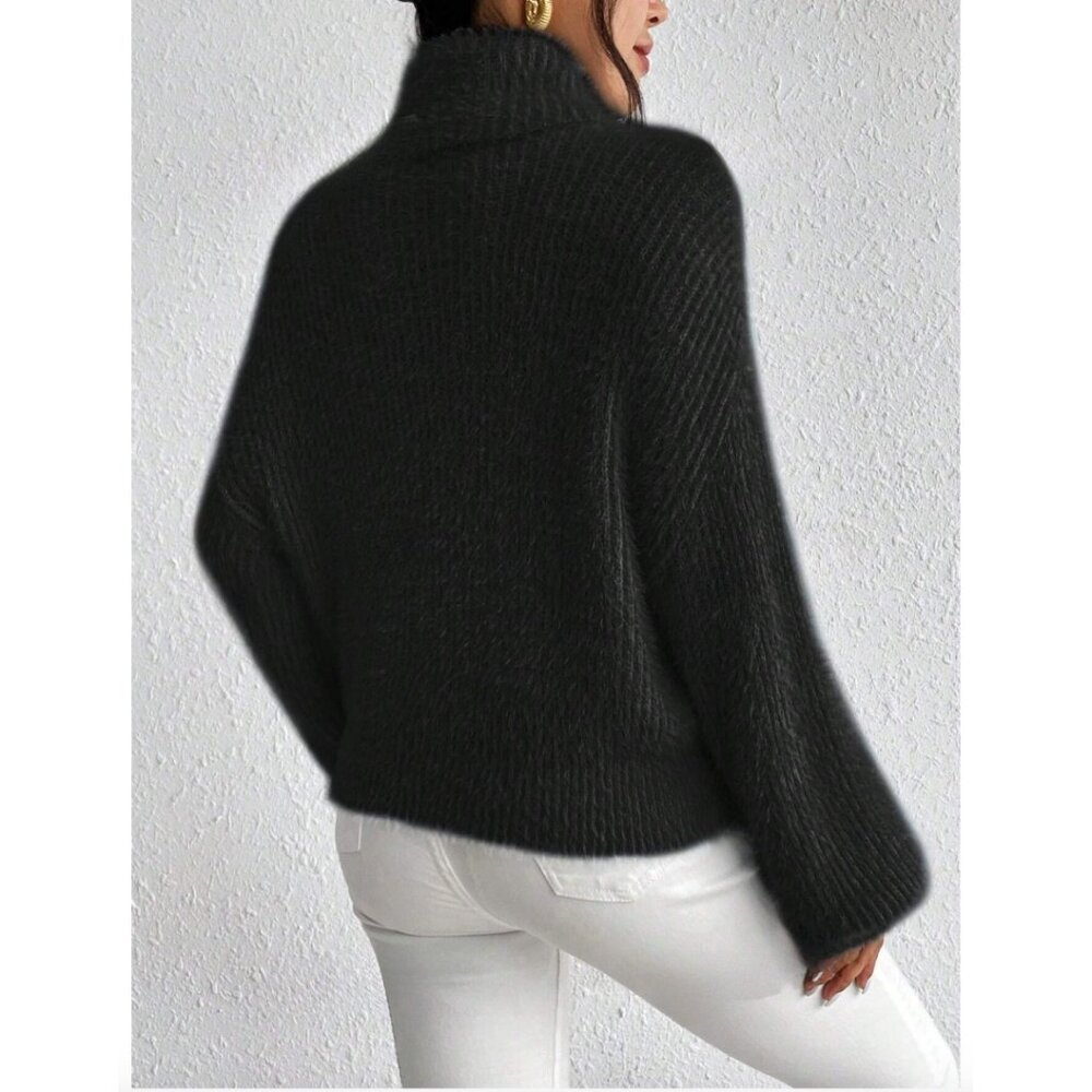 LAST ONE 🔥 Black Fuzzy Turtleneck Drop Shoulder Sweater Pullover - Picture 2 of 6
